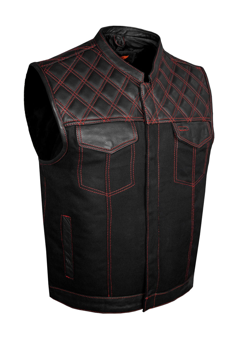 Mens Black Denim & Leather Motorcycle Club Vest Red Thread Zipper